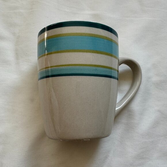 EUC Royal Norfolk Coffee Mug - Stoneware, Gray Cream with Blue & Green Stripes - Picture 2 of 8